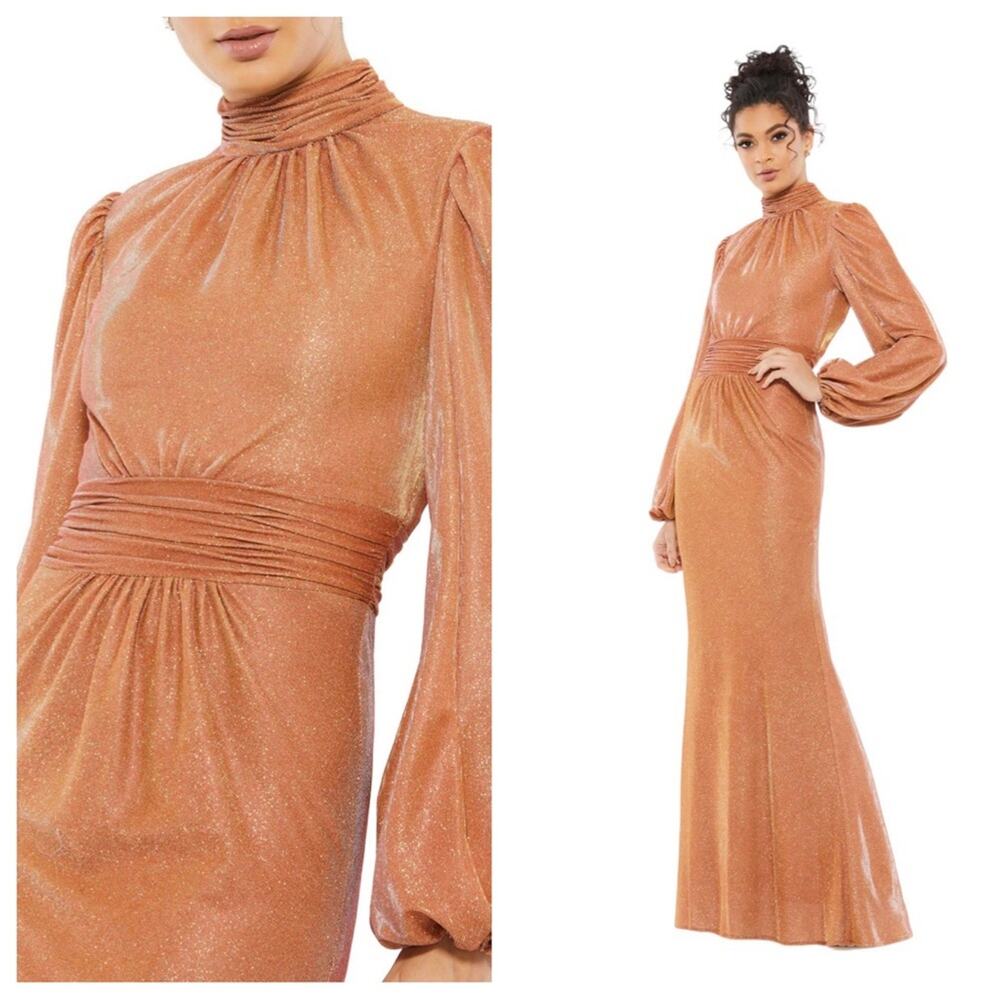 NWT IEENA for MAC DUGGAL 11248 Rust Draped Glitter High Neck Puff Sleeve Gown